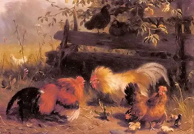 Oil Painting Carl Jutz - Chickens Cock Fighting With Chicks In Landscape Canvas • £105.28