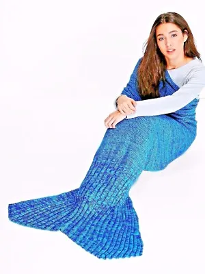 Kids Knitted Mermaid Tail Blanket Handmade Crocheted Cocoon Sofa Quilt Rug  • £11.99