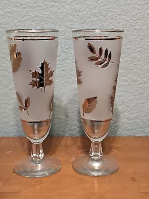 Vintage Libbey Frosted Glass Gold Leaves Pilsner Bar Glasses MCM 8.5  Set Of 2 • $19.99