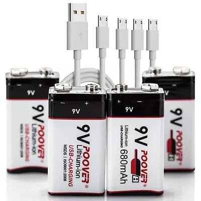 USB 9V 6F22 2/4Pack 680mA Battery 9 Volt PP3 Block Li-ion Rechargeable Batteries • £19.55