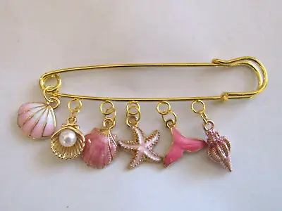 Gold  Safetypin/kilt Brooch With 6 X Pink Seashell Theme Enamel Charms- New • £2.99