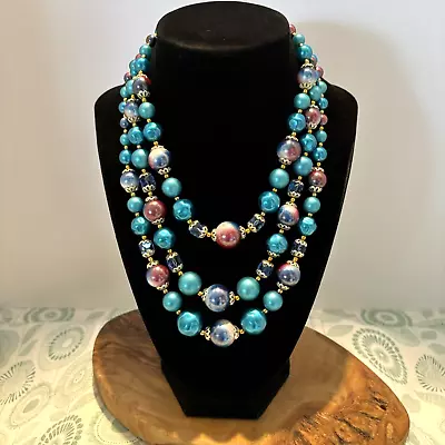 Vintage Vendome Style Necklace Three Strand Choker Bright Blue AB Crystal Beads • $33.95