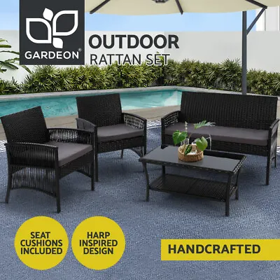 Gardeon 4PCS Outdoor Sofa Set Wicker Harp Chair Table Garden Furniture Black • $263.95