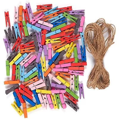 100 Pcs Mini Wooden Clothes Pins For Photos Crafts Colorful With Jute Twine 1.4” • $7.59