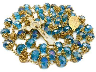 Light Blue Crystal Beads Rosary Necklace Catholic St Benedict Miraculous Medal • $17.85