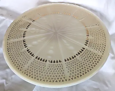 Anchor Hocking 22k Gold Fleur De Lis Milk Glass Cake Stand Pie Pedestal Vintage  • $29.99