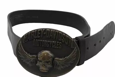 Harley Davidson Motorcycle Black Genuine Leather Belt Buckle Skull & Wings - 32 • $69.95