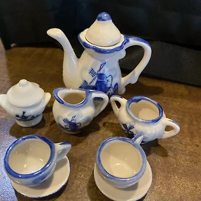 Vintage Miniature  Tea Set  Blue Delft/Flowers Collectable. Spout Has Been Fixed • $18.48