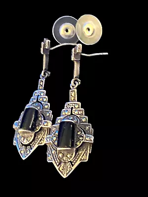 Antique Long Sterling Silver Art Deco Onyx Marcasite Drop Dangle Earrings 11 G • $72