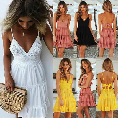 $10.79 • Buy Womens Ladies Sexy Lace Sling Boho Dress Summer Beach Holiday Flared Sundress AU