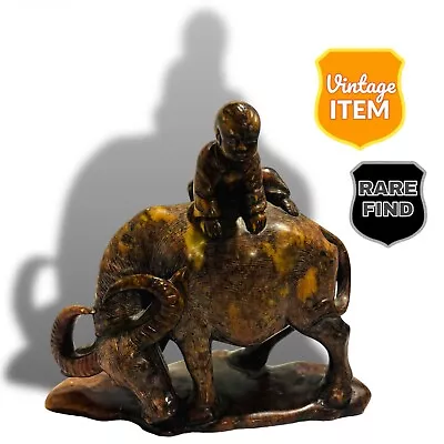 Vintage Hand Carved Soapstone Boy On Water Buffalo Art Sculpture. RARE! VHTF! • $64.95