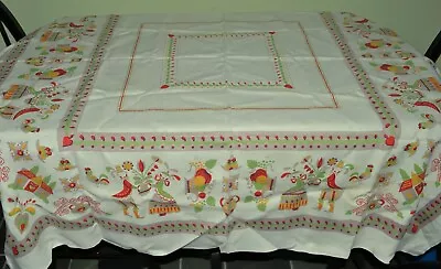 VINTAGE TABLECLOTH SQUARE 51  X 47  SCANDINAVIAN FOLK ART 1950s UNUSED LN • $20