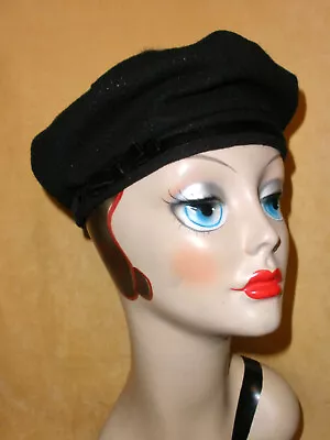 1960's Black Wool Evening Beret Hat W/Sparkles Velvet Band & Bow & Mink Button • $14.88