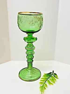 ONE Moser Green & Gilded Crystal Wine Glass 1900's Czech Republic Bohemia    ML • $131.10