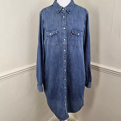 Levi's Blue Denim Shirt Dress Western Pearl Snap Long Sleeve Size Medium • £19.99