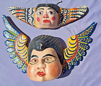 2 MEXICAN GUERRERO FOLK ART VINTAGE CARVED WOOD ANGEL PUTTI Cherub Cacheton MASK • $75