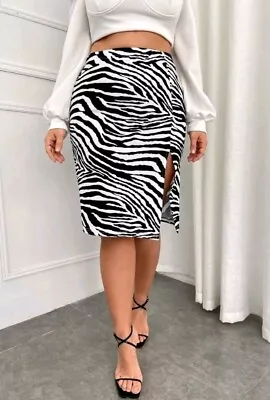 New Uk24 Midi Thigh Slit White & Black Zebra Animal Print Skirt Stretchy • £1.99