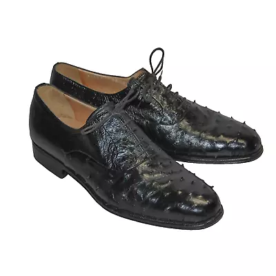 MORESCHI Men's 8.5 Ostrich Leather Black Lace Up Oxford Shoes Made In Italy • $149.95