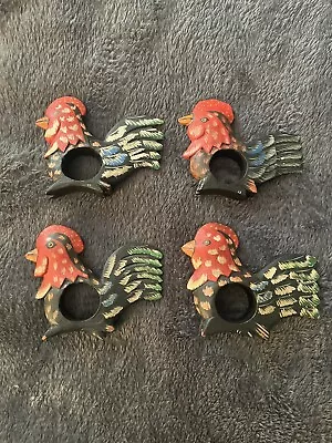 Set Of 4 Hand Painted Wooden Napkin Rings Chicken Bird Vintage Set. Super Cute! • $11.95