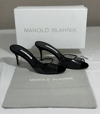 NWT Manolo Blahnik Jadifa Clear Stiletto Mule Sandals Black Size 8B/38 $875.00 • $405