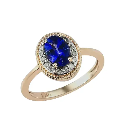 1ct AAA Tanzanite And Diamond Halo Ring With Rope Detail In 9K Yellow Gold • £199