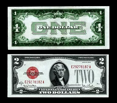 1928 $1 Funny  Back Silver Certificate - 1928 $2 Red Seal Legal Tender Note ! • $131