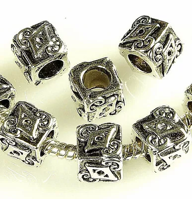 10 X CHARM METAL BEADS EUROPEAN CUBE TUBE  ANTIQUE SILVER 8 MM HOLE~5 MM • £3.29