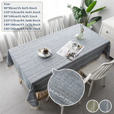 Cotton Linen Rectangle Tablecloth Striped Tassel Table Cloth Home Dust Cover • £9.55