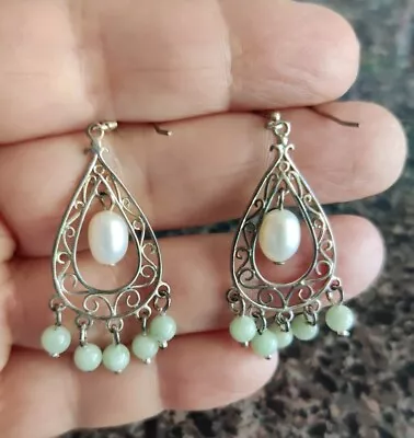 Vintage G.S.J. Green Jade? Bali Design Sterling Silver Chandelier Earrings 2  • $28