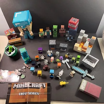 Minecraft Lot Mojang Mattel Minifigures Large Steve Blocks Cart Bed Anvil Etc • $50