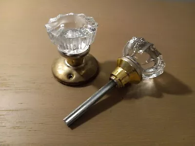 Vintage Glass And Brass Door Handle 12 Point Crystal Doorknob With Shaft • $24.95