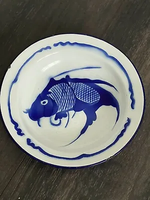 Enamelware “Goldfish Brand” 7” Bowl Koi Fish Camping Vintage  • $12.99