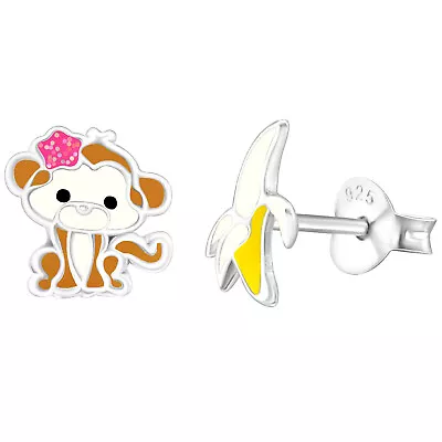 Monkey & Banana Stud Earring Set 925 Sterling Silver Push Back Epoxy • $11