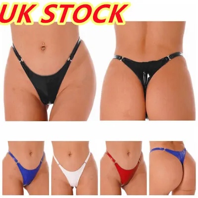 UK Womens PVC Leather Low Waist Briefs Sexy Micro Bikini Thongs Panties Lingerie • £7.99
