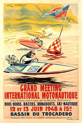 1948 Vintage 12x18 Water Sport Poster For Speed Boats Racing Around Flag Blowing • $13.47