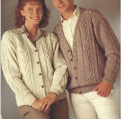 Ladies & Men's Aran Cardigan V-neck Knitting Pattern DK 34-42  872 • £2.09