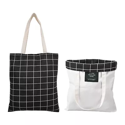 Canvas Tote Bag Reusable Canvas Handbag With Black Cute Plaid Black/White • $17.24