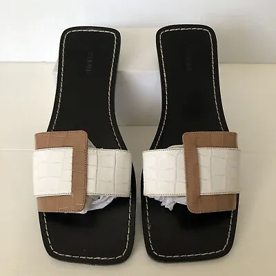 STAUD 100% Leather Size 39 Open Toe Flat Slide Sandals Women’s White Tan & Black • $79.91