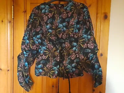 £5 • Buy Topshop Size 10 Blouse Top Black Floral Thistle Lace Up Corset Puff Sleeve Zip