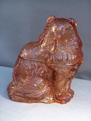 Vintage Pressed Glass Amber/Pink Collie Dog Puppy Figural Candy Trinket Dish Jar • $29.99