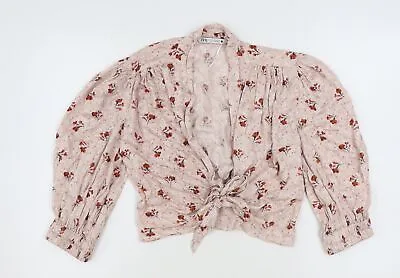 Zara Womens Pink Floral Viscose Cropped Blouse Size XS V-Neck - Tie Front • £3.50