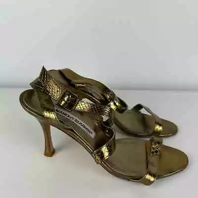 Manolo Blahnik Womens Heeled Open Toe Strappy Buckle Metallic Gold Sandals 35.5 • $100