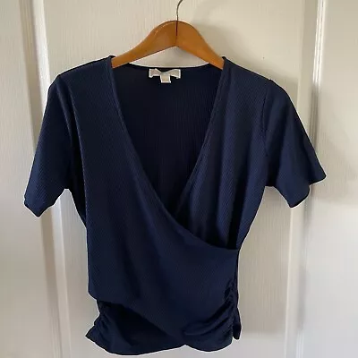 Michael Kors Navy Blue Ribbed V Neck Short Sleeve Top Size Medium • $10