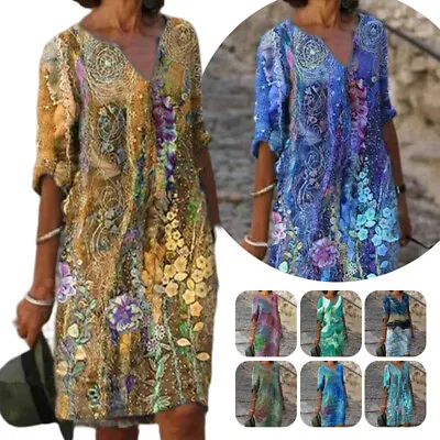 $20.67 • Buy Womens Short Sleeve Floral Midi Dress Lady Holiday V Neck Beach Kaftan Sundress