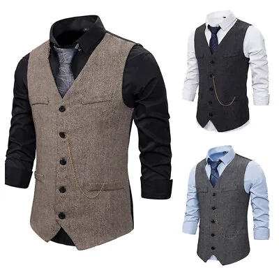 Mens Retro Formal Herringbone Vest Slim Jacket Tweed Lapel Sleeveless Waistcoat • $22.15