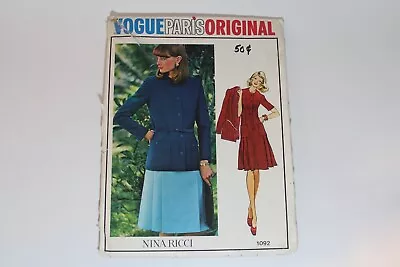 Vogue Paris Original 1092 Nina Ricci Dress And Jacket Pattern Size 8 Uncut • $4.99