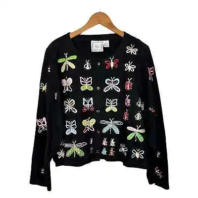 Michael Simon Lite Embroidered Butterfly Cardigan 1X Cotton Black Multi Button • $28.95