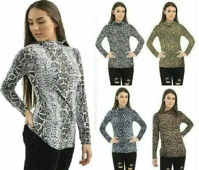£7.49 • Buy New Womens Ladies Leopard Print Long Sleeve Turtle Polo Neck T-shirt Top UK 8-26
