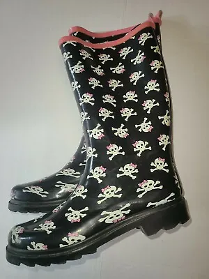 $35 • Buy Womens Skull And Crossbones Black & Pink Rainboots Galoshes Size 7 100F