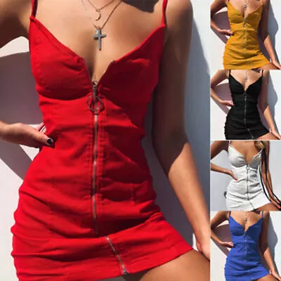 $17.49 • Buy Women Casual Zipper Bodycon Mini Cami Dress V Neck Party Skirt Summer Sundress